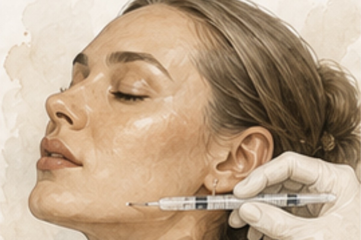 Illustration of biostimulator treatment along the jawline