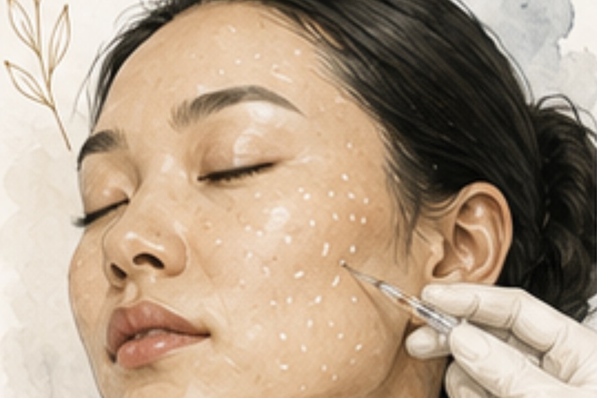 Illustration of superficial microdroplet injections across the cheek