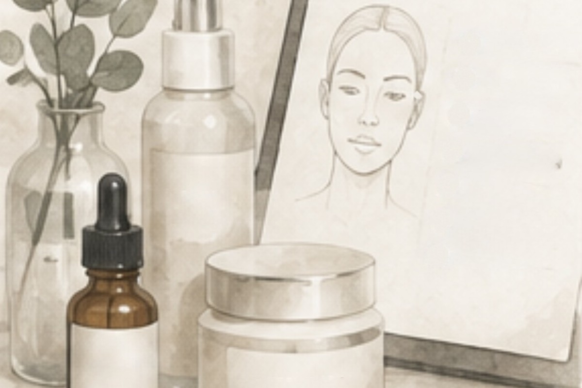 Illustration of skincare products and a skin assessment