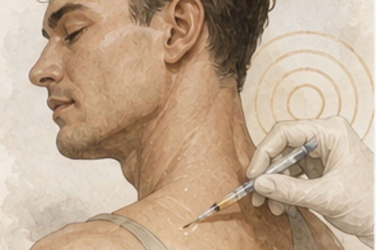 Illustration of a therapeutic injection to the trapezius